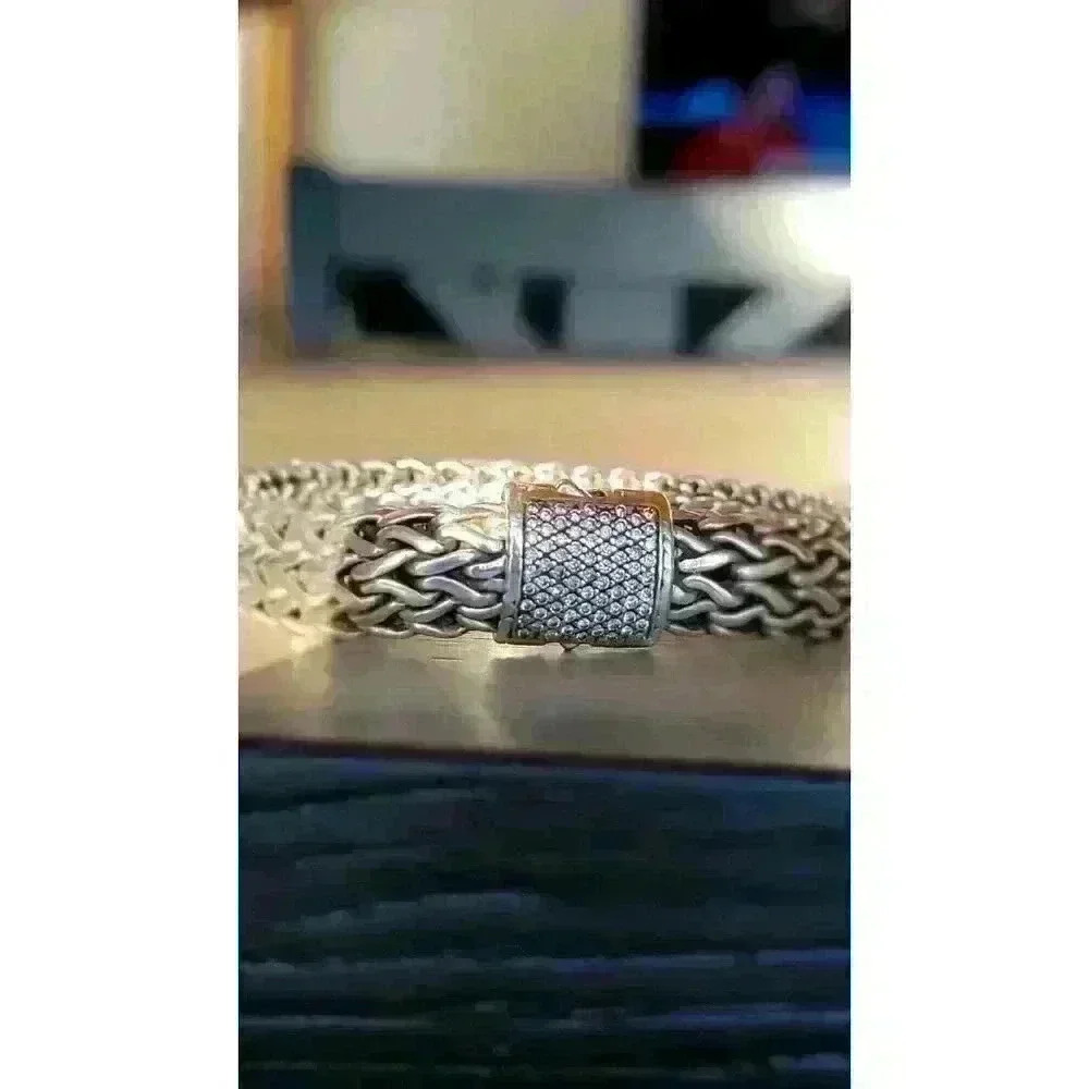 John Hardy 925 Sterling Silver Pave Diamond 12mm Classic Chain Bracelet - Picture 2 of 10
